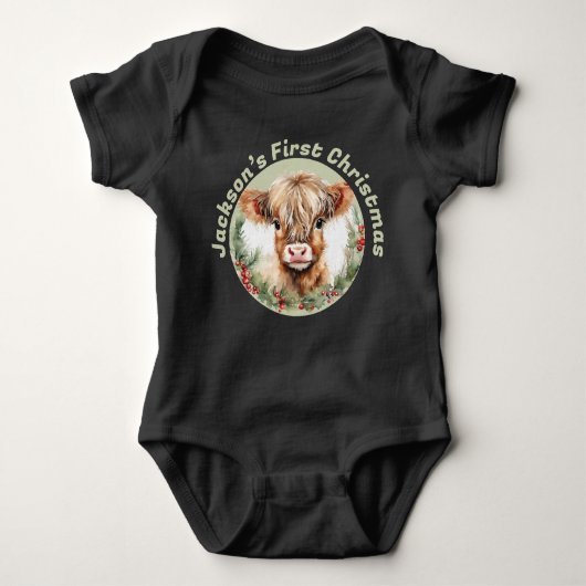 Personalized “Baby’s First Christmas” Baby Highlan Romper (Voorkant)