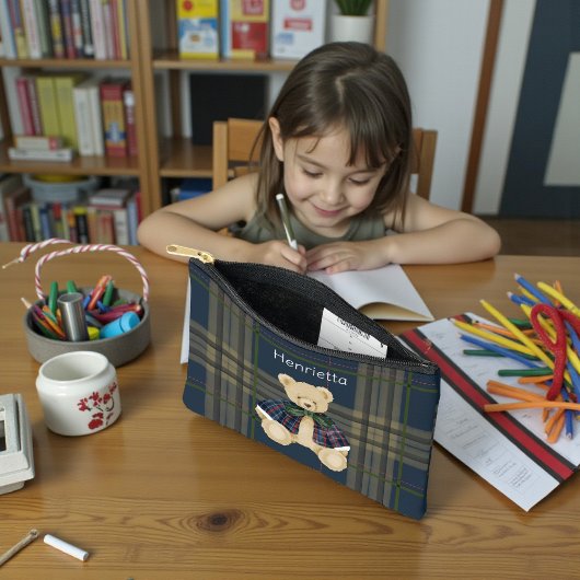 personalized Bear Plaid Pencil Pouch Etui