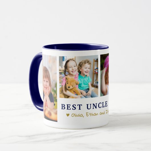 Personalized Best Uncle Ever 4 Photo Blue Gold Mok (Voorkant links)