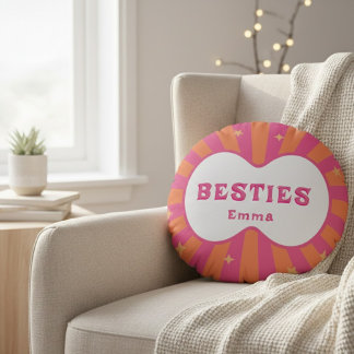 Personalized Besties Name Pink Orange Retro Round  Rond Kussen