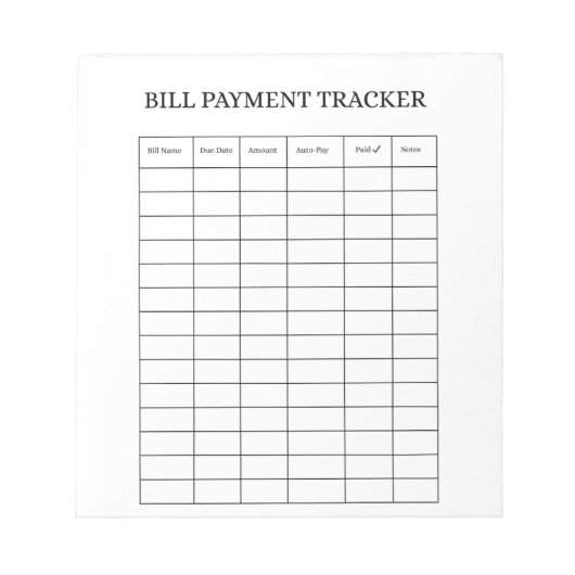Personalized Bill Payment Tracker Notepad Notitieblok (Voorkant)