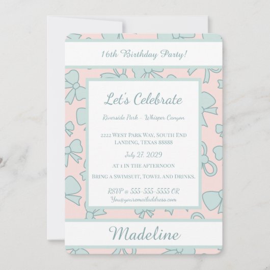 Personalized Birthday Blue Bow Sweet Invitation Kaart (Voorkant)