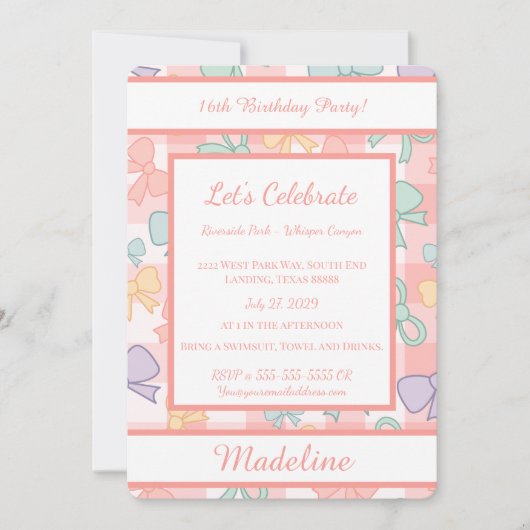 Personalized Birthday Bow Gingham Sweet Invitation (Devant)