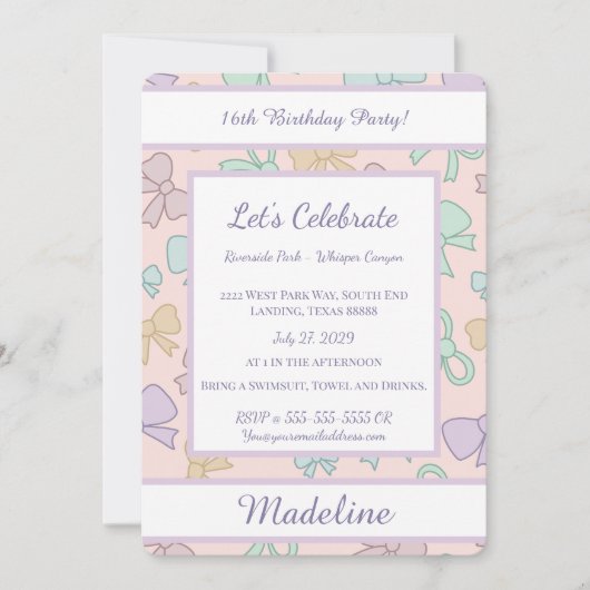 Personalized Birthday Bow Pastel Sweet Invitation (Devant)