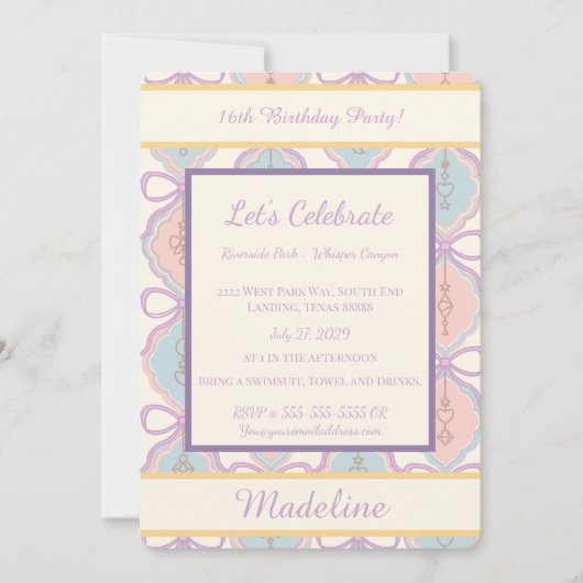 Personalized Birthday Bow Sweet Invitation Blush (Devant)