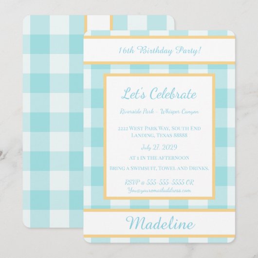 Personalized Birthday Gingham Blue Invitation (Devant / Derrière)