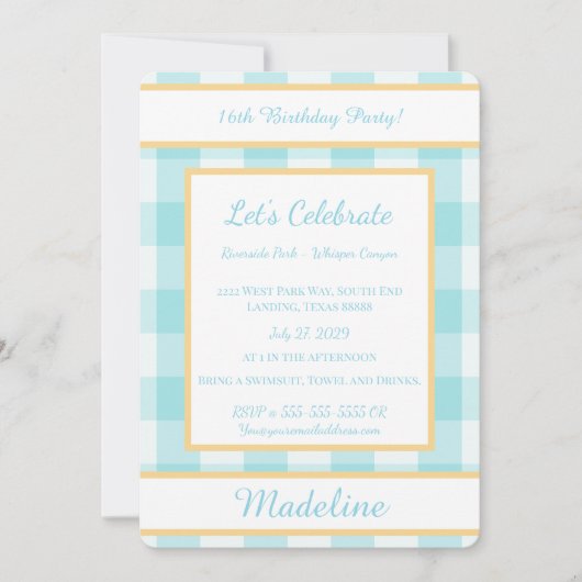 Personalized Birthday Gingham Blue Invitation Kaart (Voorkant)