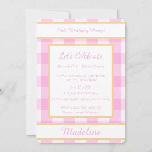 Personalized Birthday Gingham Pink Invitation (Devant)