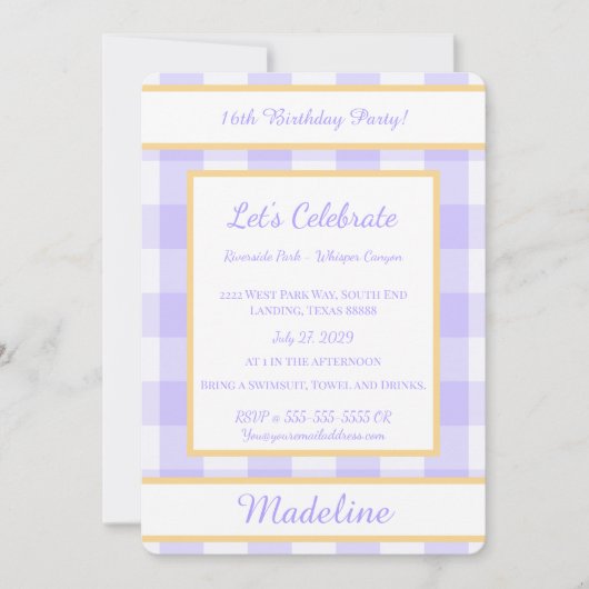 Personalized Birthday Gingham Purple Invitation (Devant)