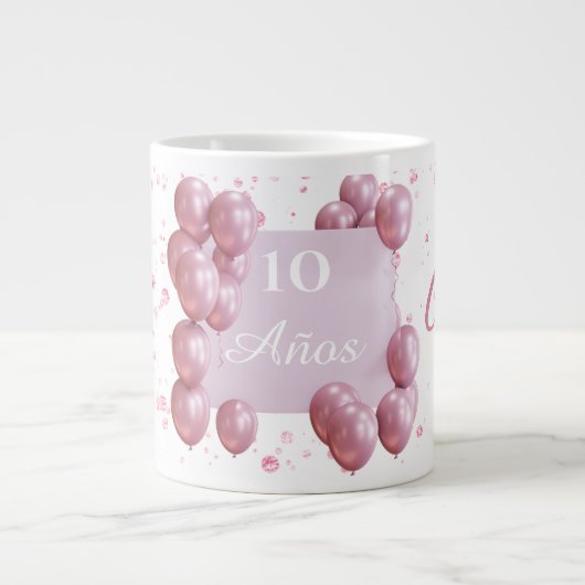 Personalized birthday mug, pink balloons extra grote beker (Voorkant)