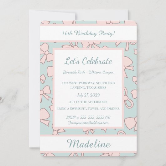 Personalized Birthday Pink Bow Sweet Invitation (Devant)