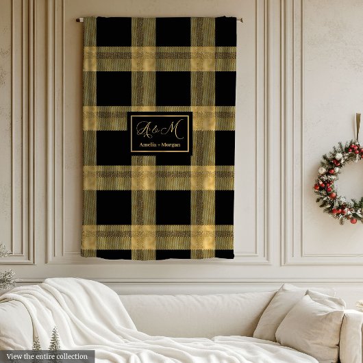 Personalized Black and Gold Winter Throw Blanket Fleece Deken