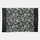 Personalized Black Botanical Watercolor Pattern Theedoek (Horizontaal)