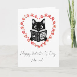 Personalized Black Cat Book Lover Valentine's Card Kaart