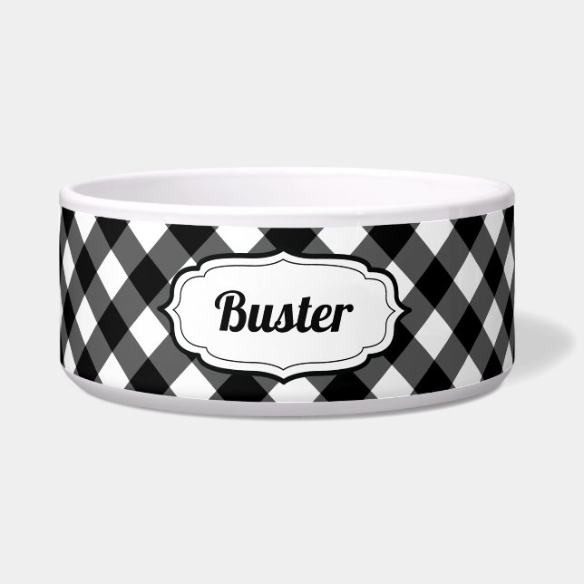 Personalized Black & White Gingham Check pet bowl  Voerbakje (Voorkant)