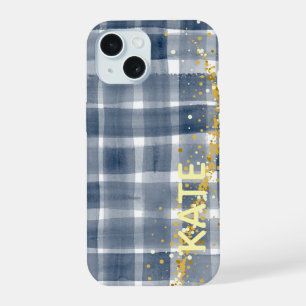 PERSONALIZED Blauw Geruit Goud Esthetisch iPhone H 15 Hoesje