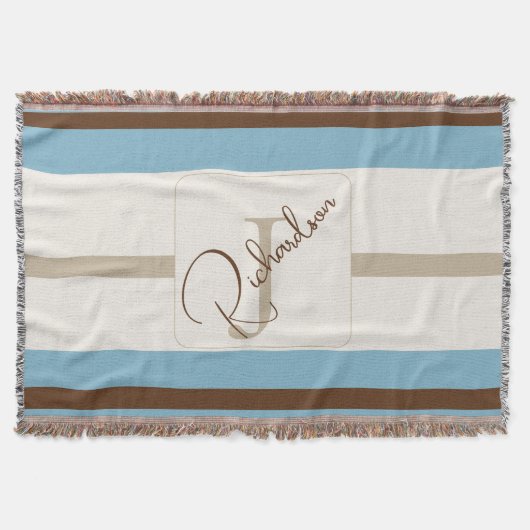 Personalized Blue Brown Stripe Monogram Coastal  Deken (Voorkant)