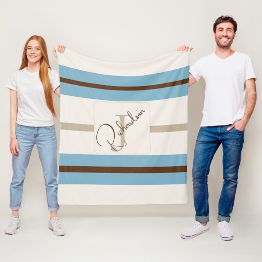 Personalized Blue Brown Stripe Monogram Coastal  Fleece Deken (In situ)