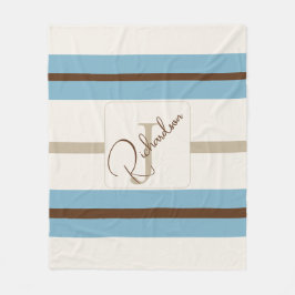 Personalized Blue Brown Stripe Monogram Coastal Fleece Deken