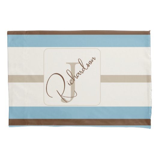 Personalized Blue Brown Stripe Monogram Coastal Kussensloop (Voorkant)