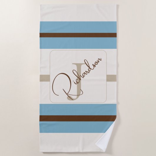 Personalized Blue Brown Stripe Monogram Coastal  Strandlaken (Voorkant)