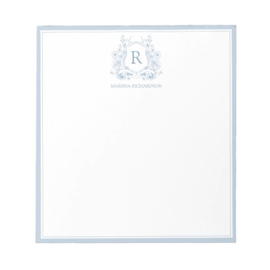 Personalized Blue Floral Crest Notepad Notitieblok (Voorkant)
