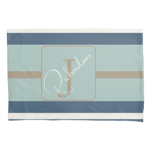 Personalized Blue Mint Tan Stripe Monogram Coastal Kussensloop (Voorkant)
