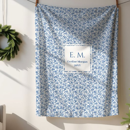 Personalized Blue Toile Floral Cozy Gift Blanket Sherpa Deken
