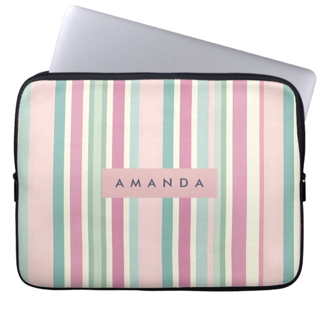 Personalized Blush Mint Pastel Stripes Laptop Sleeve (Voorkant)