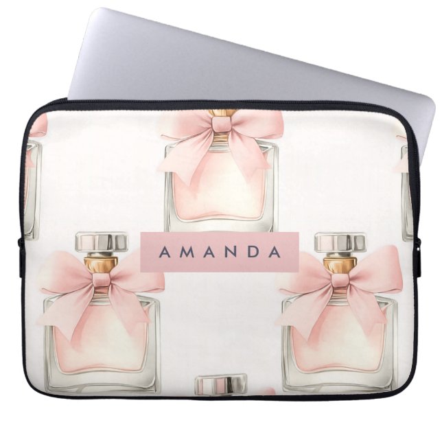 Personalized Blush Perfume Bottle Coquette Pattern Laptop Sleeve (Voorkant)