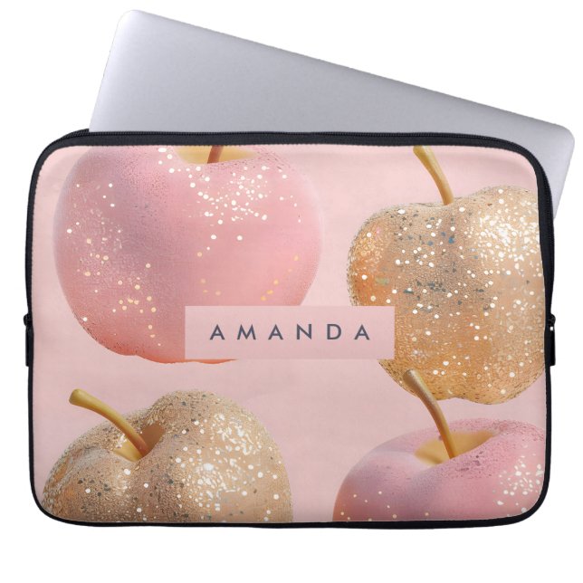 Personalized Blush Pink and Gold Glitter Apple  Laptop Sleeve (Voorkant)
