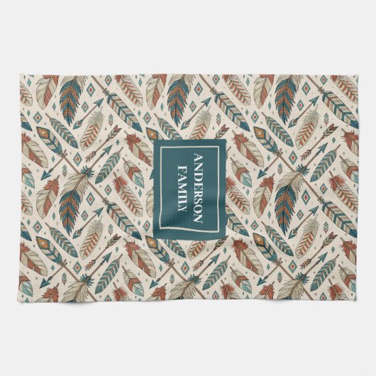 Personalized Boho Towel Ethnic Feathers & Arrows Theedoek (Horizontaal)