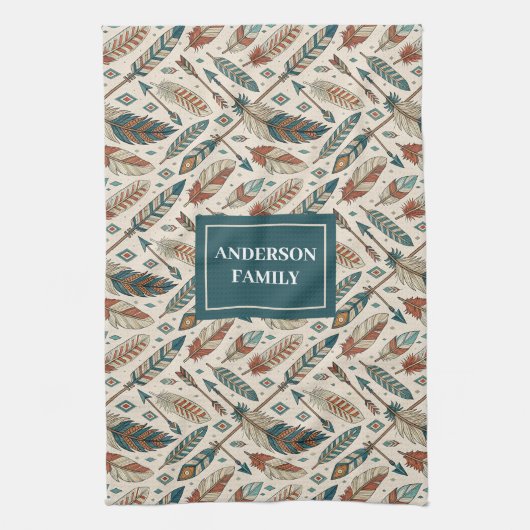 Personalized Boho Towel Ethnic Feathers & Arrows Theedoek (Verticaal)
