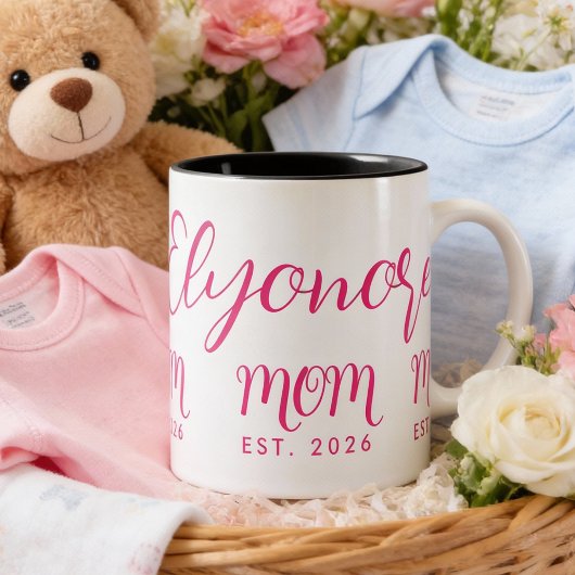 Personalized Bold  Name Est New Mom Pink Script  Tweekleurige Koffiemok