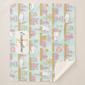 Personalized Bookish Cat Gift Green Pastel Name Sherpa Deken (Voorkant)