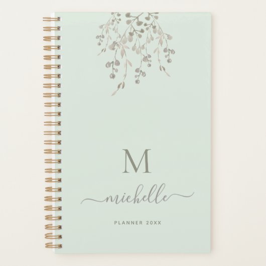 Personalized Botanical Watercolor Monogram Sage Planner (Voorkant)