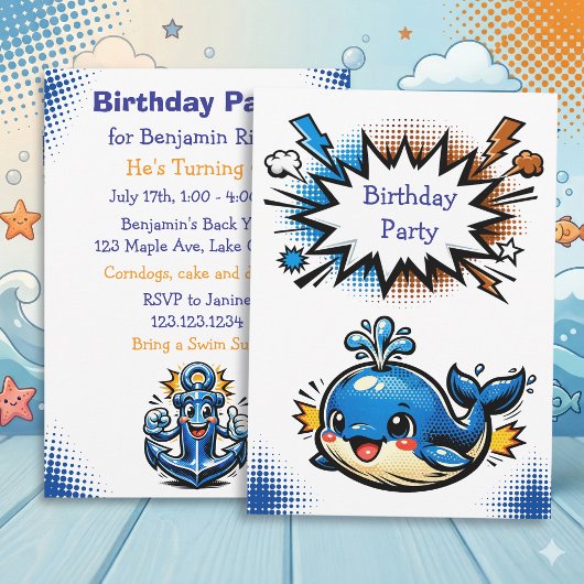 Personalized Boy's Nautical Whale  Birthday Party Kaart