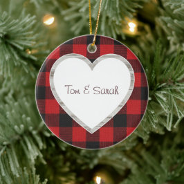 Personalized Buffalo Plaid Heart Rustic  Keramisch Ornament
