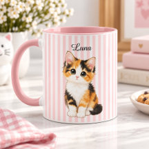 Personalized Calico Kitten Name Pink Striped Coffe