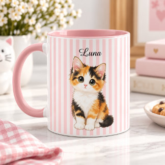 Personalized Calico Kitten Name Pink Striped Coffe Mok