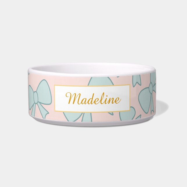 Personalized Cat Name Pastel Blue Bow Bowl Ceramic Voerbakje (Voorkant)