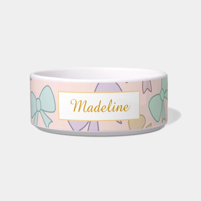 Personalized Cat Name Pastel Bows Bowl Ceramic Voerbakje (Voorkant)