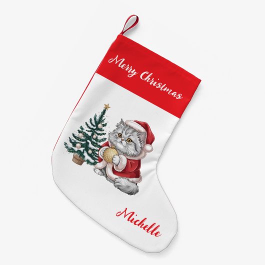 Personalized Cat with Santa Hat Christmas tree Kleine Kerstsok (Voorkant (Hangend))