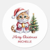 Personalized Cat with Santa Hat Christmas tree  Ronde Sticker (Voorkant)