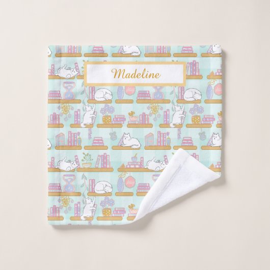 Personalized Cat's Library Bookish Pastel Green Washandje (Wasdoekje)