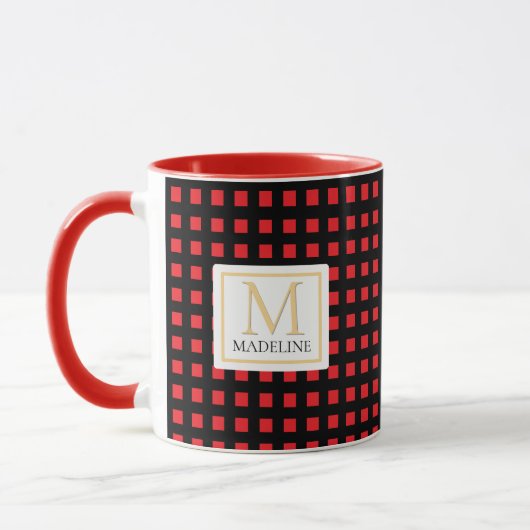 Personalized Checkered Name Mug Red Black Stripe (Gauche)