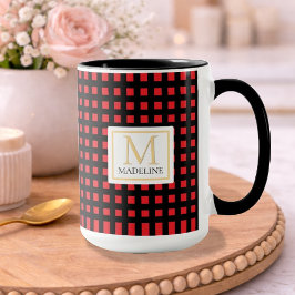 Personalized Checkered Name Mug Red Black Stripe Mok