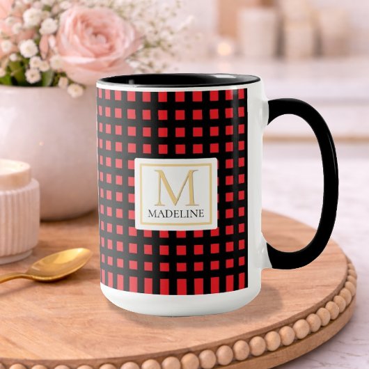 Personalized Checkered Name Mug Red Black Stripe Mok