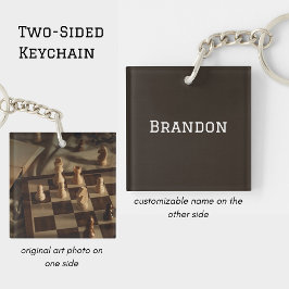 Personalized Chess Board Photo Minimal Men's Name Sleutelhanger