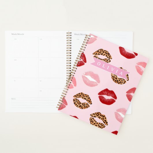 Personalized Chic Pink Leopart Print Lip Pattern Planner (Display)